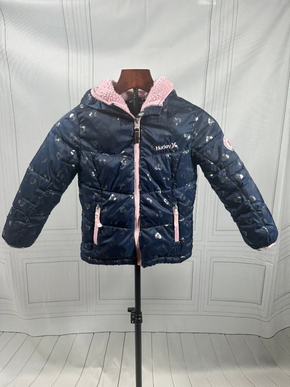 Hurley Size 5 Navy Pink Puffer Jacket Kids 4-5 Years